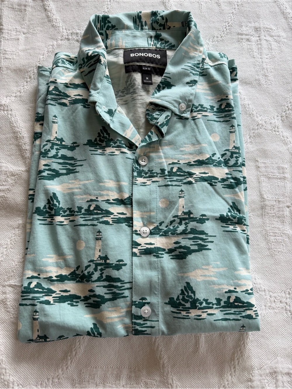 Bonobos Seafoam Green & Dark Teal Lighthouse Print Camp Shirt